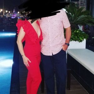 Red Deep V Ruffled Jumpsuit